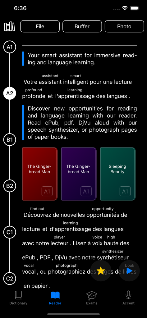 French : A1, A2, B1, B2 exams - French language learning app reader screen with bilingual text and CEFR proficiency levels