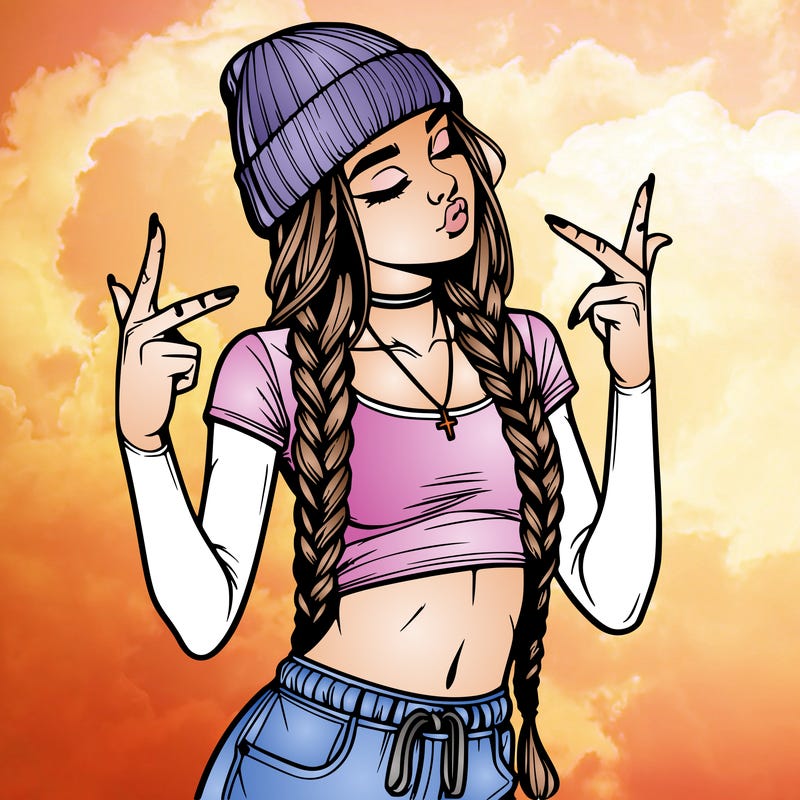 realistic teenage girl with braids and a beanie and crop top doing 🫶🏼