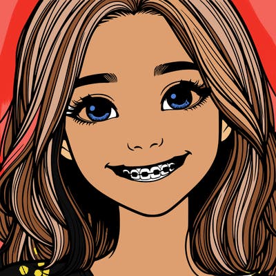a girl with braces smiling with freckles realistic