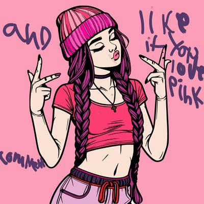 realistic teenage girl with braids and a beanie and crop top doing 🫶🏼