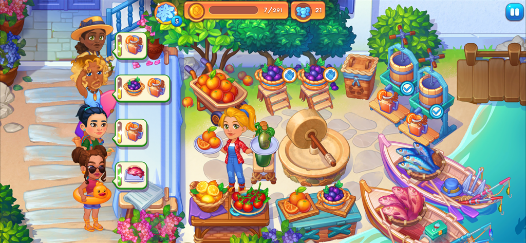 Farming Fever - Cooking game - Un chef sirviendo a clientes en un colorido mercado costero en el juego de cocina y agricultura Farming Fever.