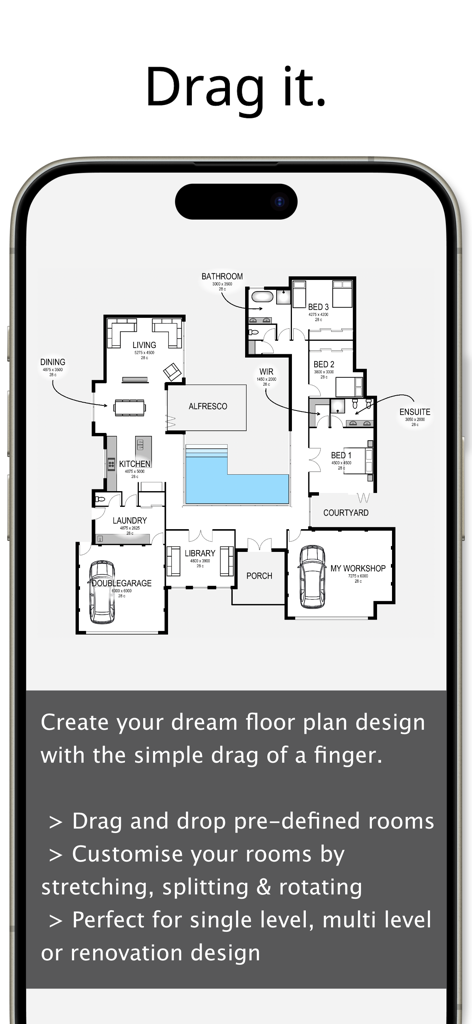 Planit2d Lite - A detailed 2D house floor plan design displayed on an iPhone screen
