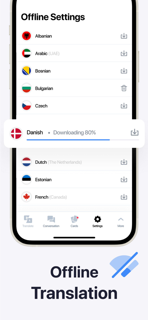 Interface showing a list of downloadable languages for offline translation in the Lingvanex app