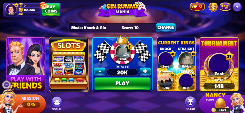 Gin Rummy Mania-No Ads,No Stop - The main menu interface of Gin Rummy Mania showing game modes, slots, tournament rankings, and player stats.