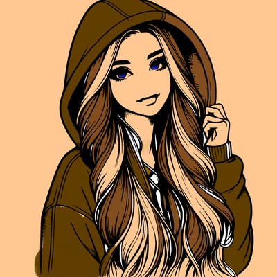 realistic girl with long hair in a big hoodie