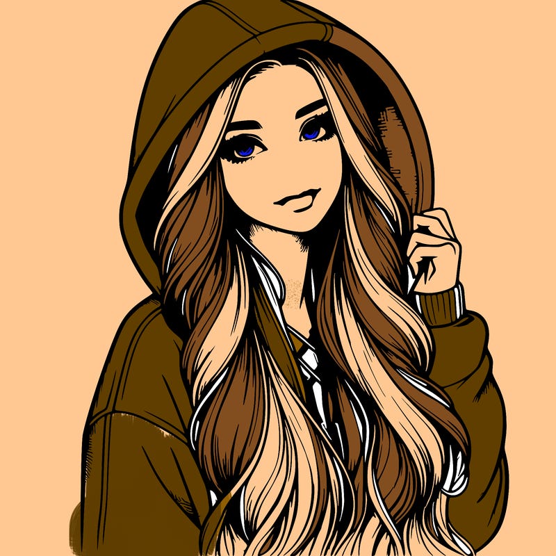 realistic girl with long hair in a big hoodie