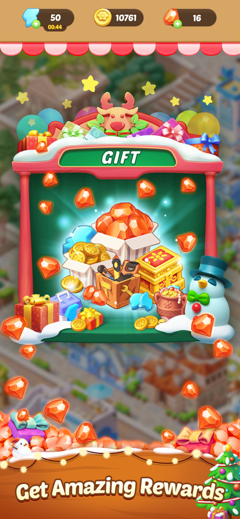 Seaside Escape game screen displaying various rewards and gems