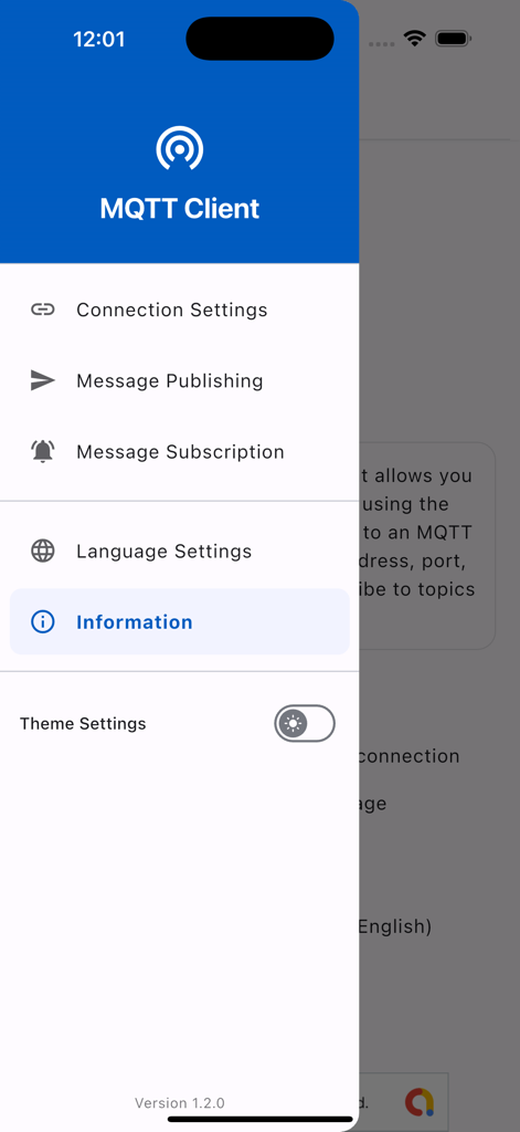 Side navigation menu of the MQTT Checker app displaying connection settings and message options.