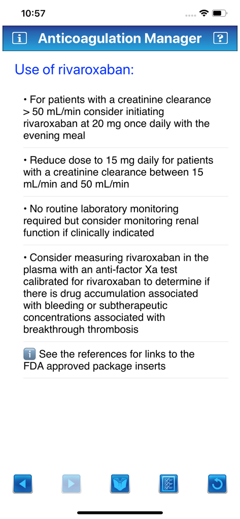Anticoagulation Manager - Clinical dosing guidelines for rivaroxaban based on renal function within the Anticoagulation Manager app.