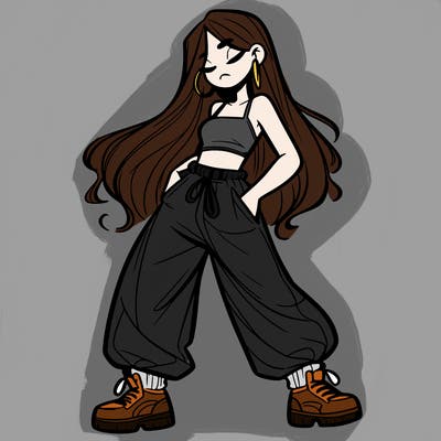 girl in baggy pants crop top and long hair