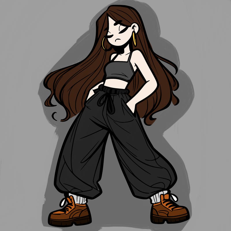 girl in baggy pants crop top and long hair