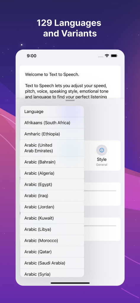 Text to Speech: Voice Reader - Menú de selección de idioma en la aplicación Texto a Voz que muestra más de 129 idiomas y variantes