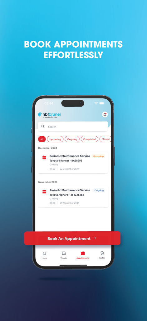 NBT Mobility - NBT Mobility app interface showing periodic maintenance service appointments and a booking button.
