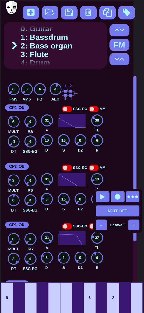 Interface of DefleMask Mobile showing professional FM synthesis sound design controls and instrument list