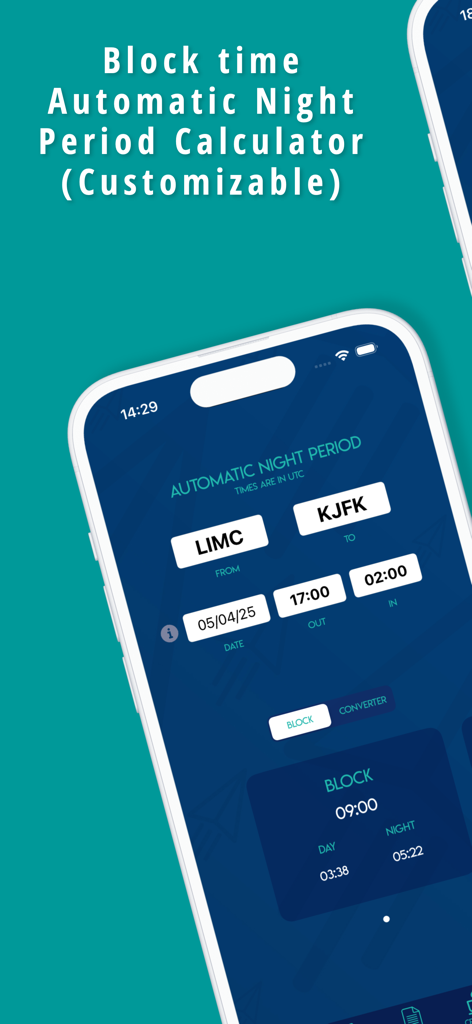 AeroTime Pro - Interfaz de la aplicación AeroTime Pro que muestra la calculadora automática del período nocturno y las horas de bloque para pilotos