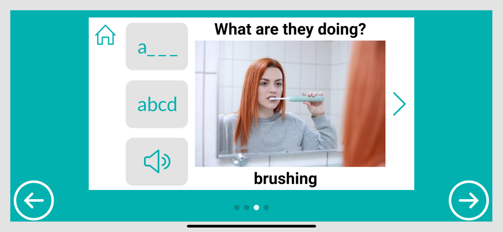 Cue Name - Actions - Cue Name Actionsアプリのインターフェース。女性が歯を磨いている画像と、言語療法の単語と音声キューが表示されています。