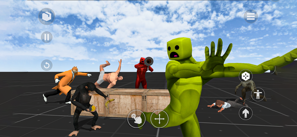 A screenshot of Melon Smash gameplay showing various characters in a physics sandbox world