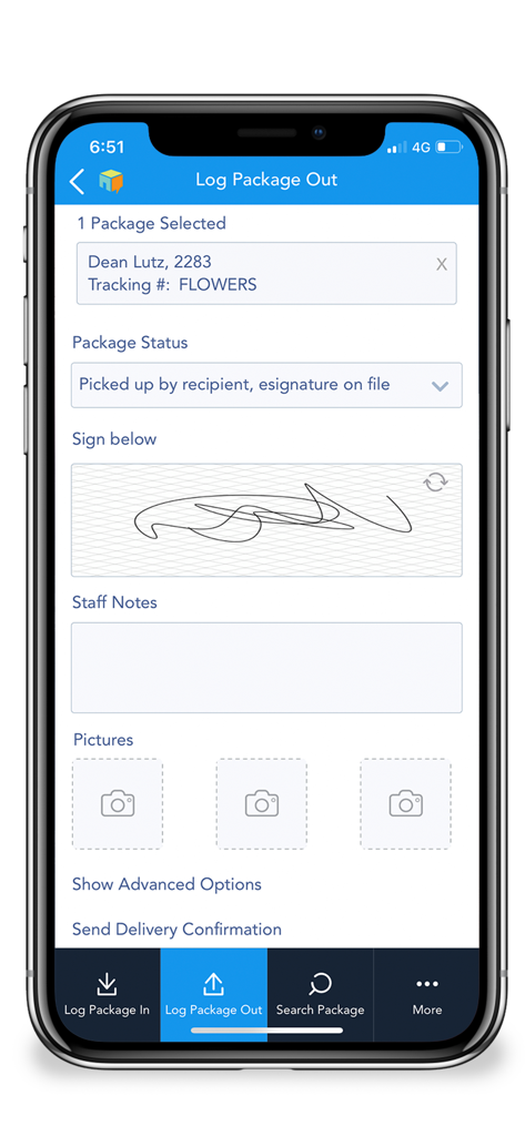 Notifii Track - Notifii Track app screen showing a package logout process with a digital signature capture for proof of delivery.