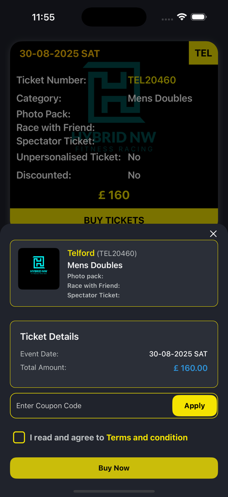 Rox Tickets - Checkout screen of Rox Tickets app showing details for a Mens Doubles fitness race ticket purchase