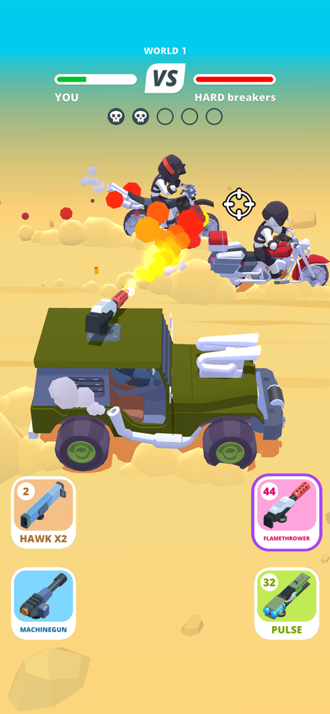 Desert Riders - Wasteland Cars - A green armored car shoots a flamethrower at enemy motorcyclists in a desert combat level.
