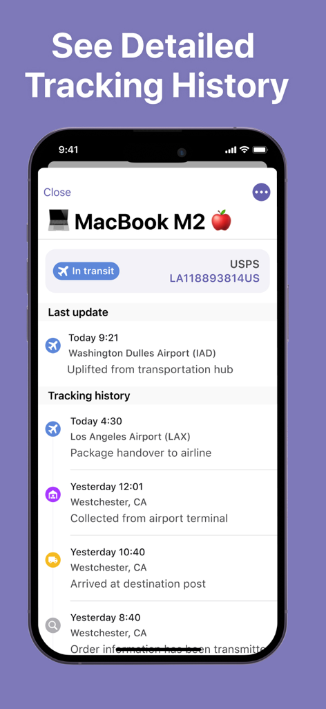Package Tracker: Track Parcels - Una pantalla de smartphone que muestra el historial de rastreo detallado de un paquete etiquetado como MacBook M2 usando la aplicación Rastreador de Paquetes.