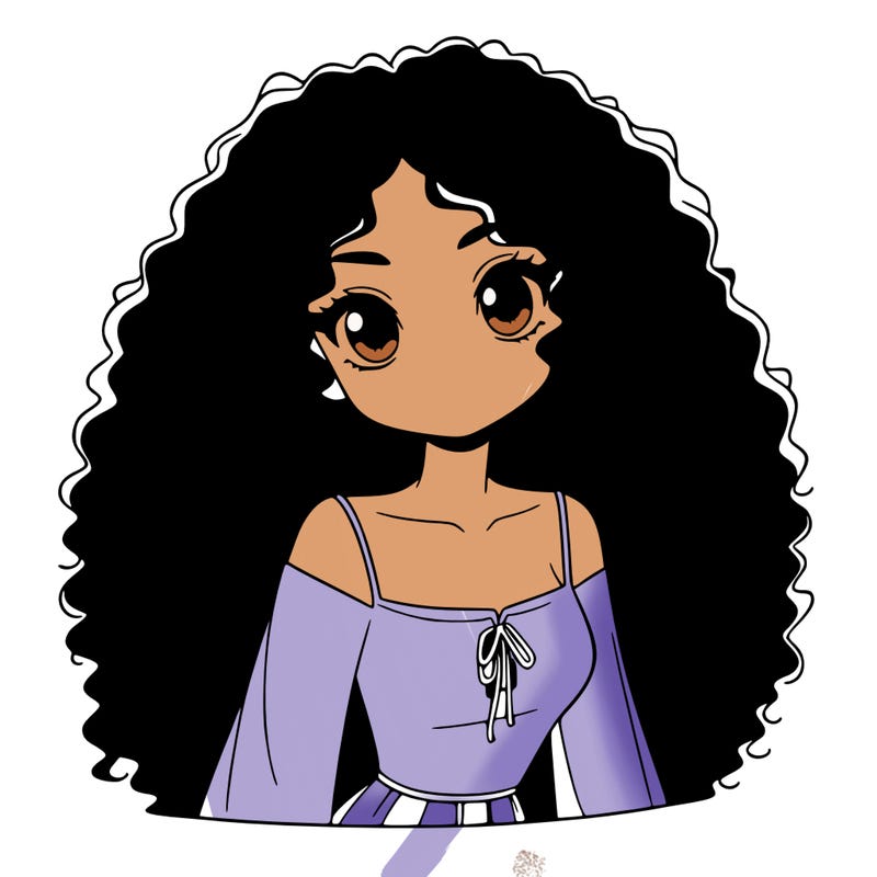 a black anime girl with long afro hair