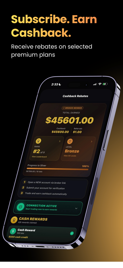 SignalPro - Forex Signals - SignalPro app interface showing cashback rebates total earnings and membership rank