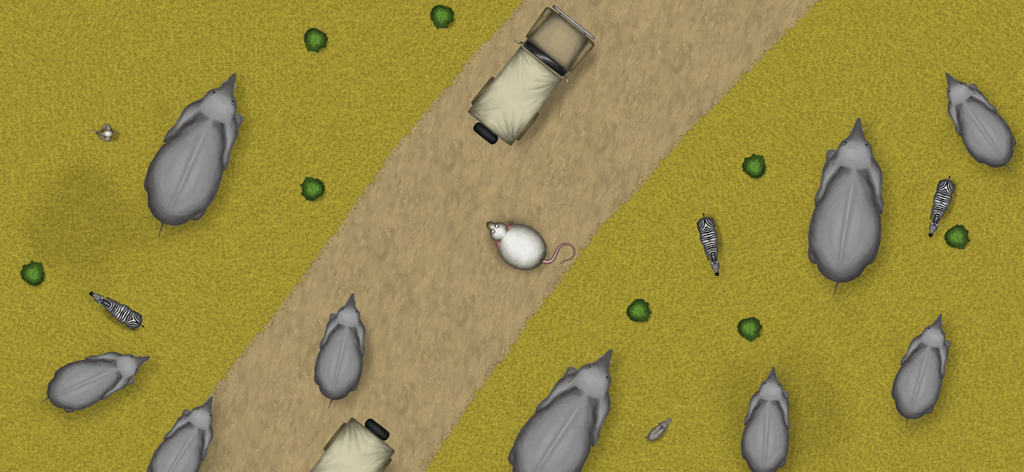 Vista dall'alto di un personaggio topo bianco su una strada della savana circondato da elefanti e zebre in Tasty Planet Forever