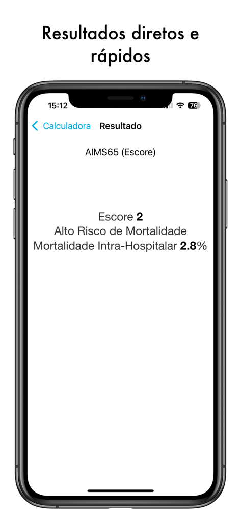 Dr Calc - Calculadoras Médicas - Captura de pantalla de la aplicación Dr Calc mostrando un resultado de puntuación médica AIMS65 que indica un alto riesgo de mortalidad