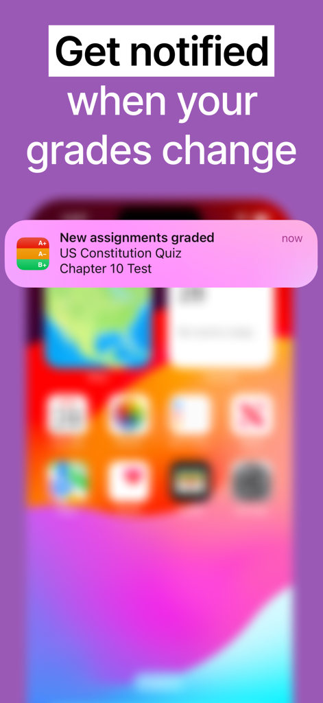 Gradekit: Track Grades & GPA - Pantalla del iPhone que muestra una notificación de Gradekit sobre tareas recién calificadas