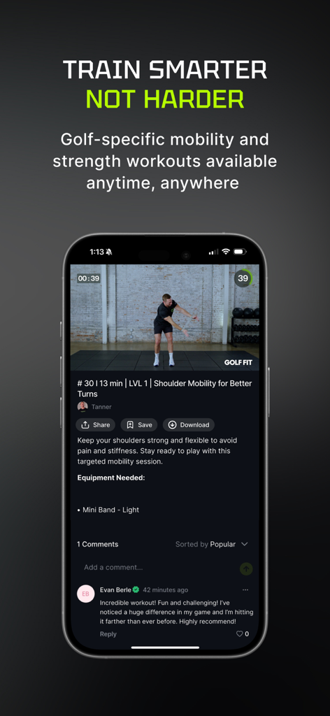 Golf Fit - Golf Fit app displaying a shoulder mobility video workout for golfers.