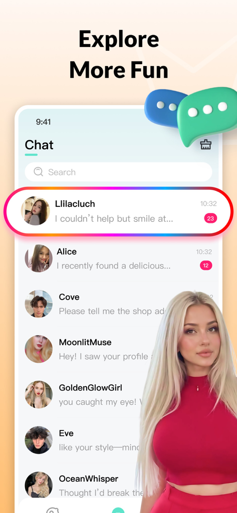 andu - Andu app chat interface showing a list of user profiles and messages under the title Explore More Fun