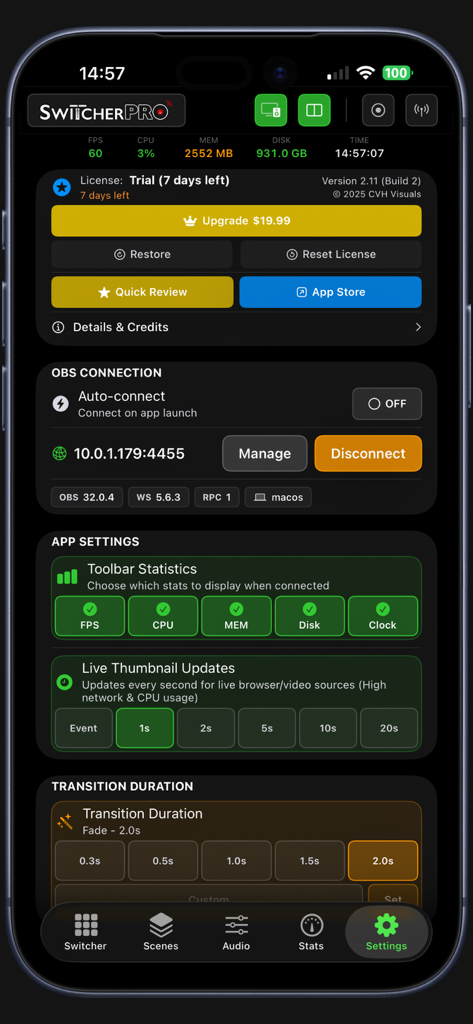 Switcher Pro - Pantalla de configuración de Switcher Pro que muestra detalles de conexión de OBS y configuración de estadísticas de transmisión en iPhone