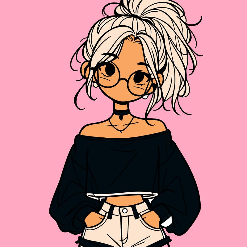girl with a messy ponytail glasses a baggy crop top and jean shorts