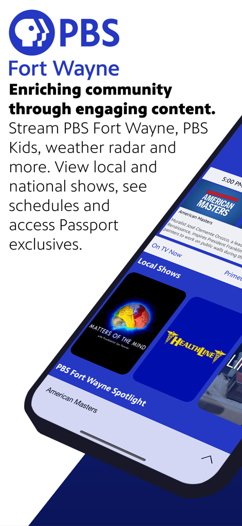PBS Fort Wayne app interface on a smartphone featuring local shows and program listings