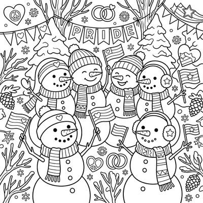Dive into a heartwarming celebration of love and diversity with this charming coloring page featuring traditional snowmen. Adorned with festive Pride-themed accessories, these happy snowmen invite you to add a splash of color to their joyful world.