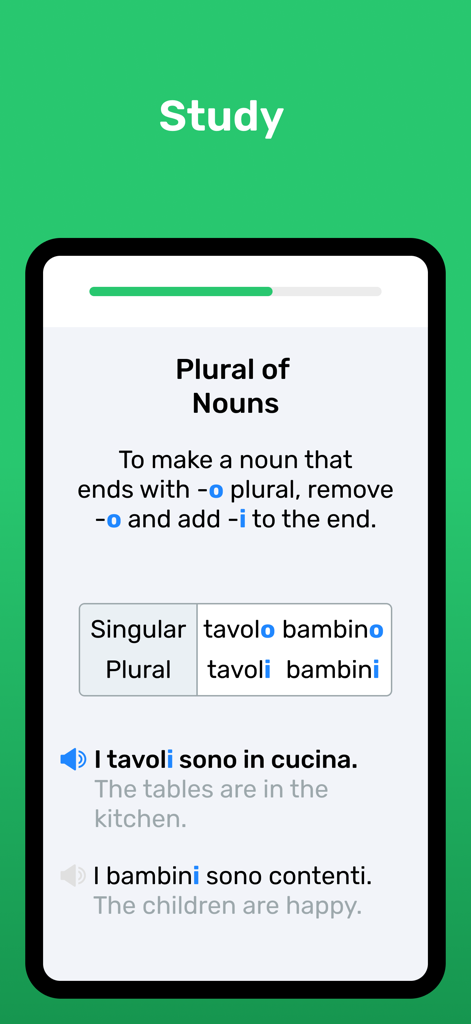 Wlingua - Learn Italian - Italian grammar lesson on plural nouns in the Wlingua app with examples and audio icons