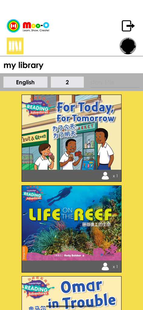Moo-O - Moo-O app digital library interface showing English storybooks for children