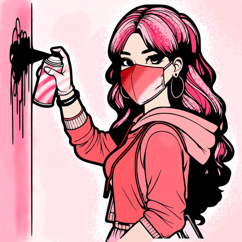 realistic girl with mask spray painting a wall