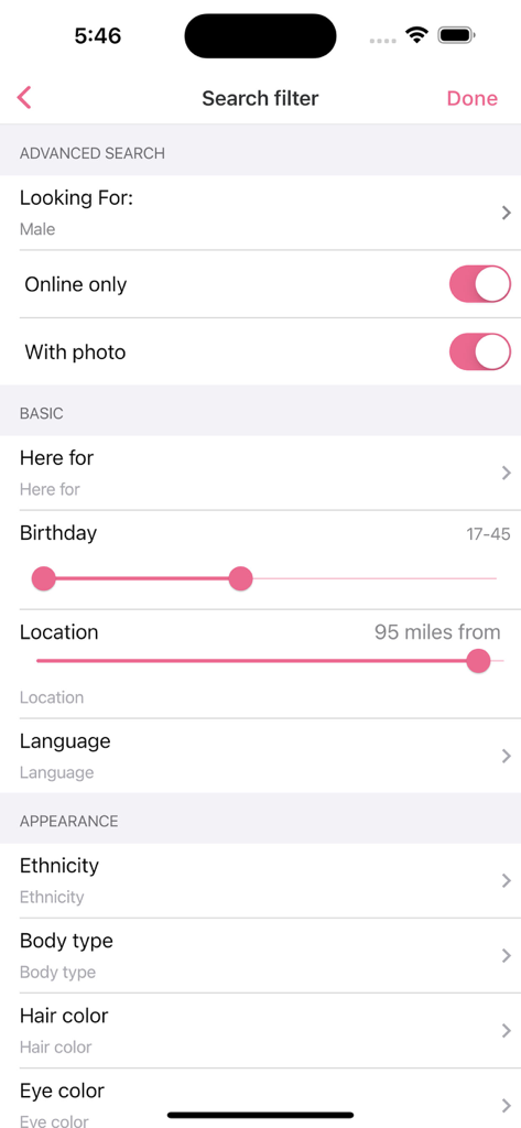 OneMeetUp Dating app:Chat&Date - Pantalla de filtros de búsqueda avanzada en la aplicación OneMeetUp que muestra opciones de rango de edad, ubicación y apariencia física