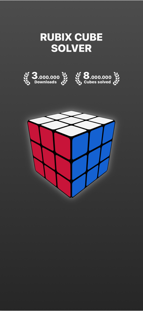 Splash screen for Rubix Cube Solver app showing statistics for downloads and solved cubes