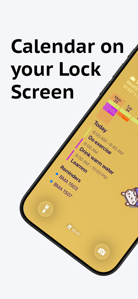 LockScreen Calendar Maker - iPhone lock screen displaying a daily schedule and reminders with a custom calendar wallpaper