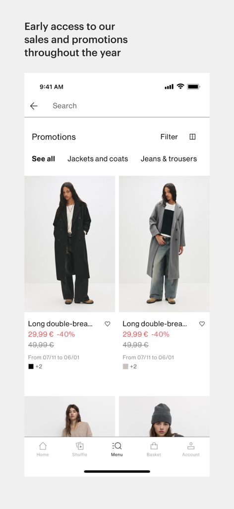 PULL&BEAR - Pull and Bear app promotions screen showing discounted jackets and coats with price reductions.