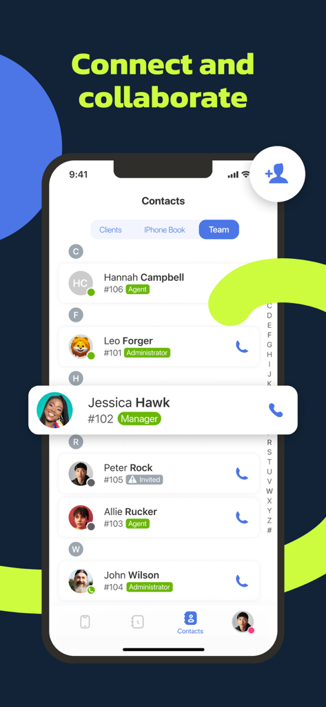 MightyCall app interface showing a team contact list with employee roles and extensions