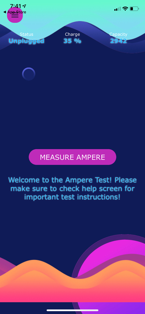 Pantalla principal de la aplicación Ampere Battery Charging Check con un botón para medir amperaje