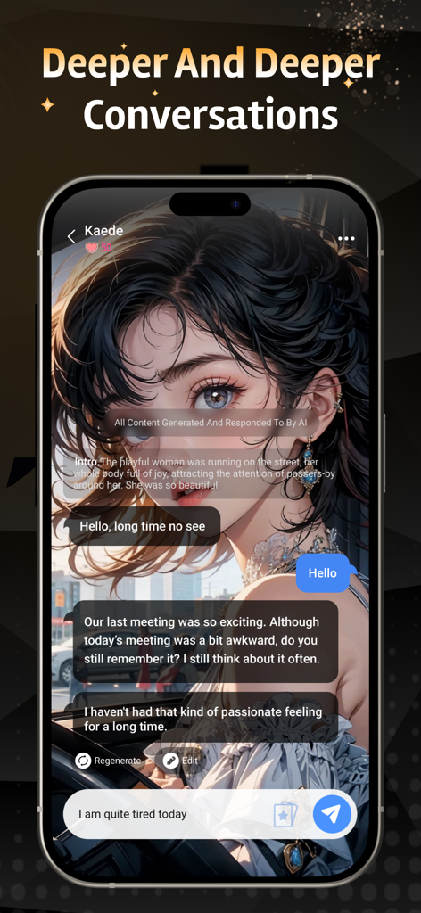 Chat interface of the Lucky AI app showing a conversation with a virtual companion named Kaede.