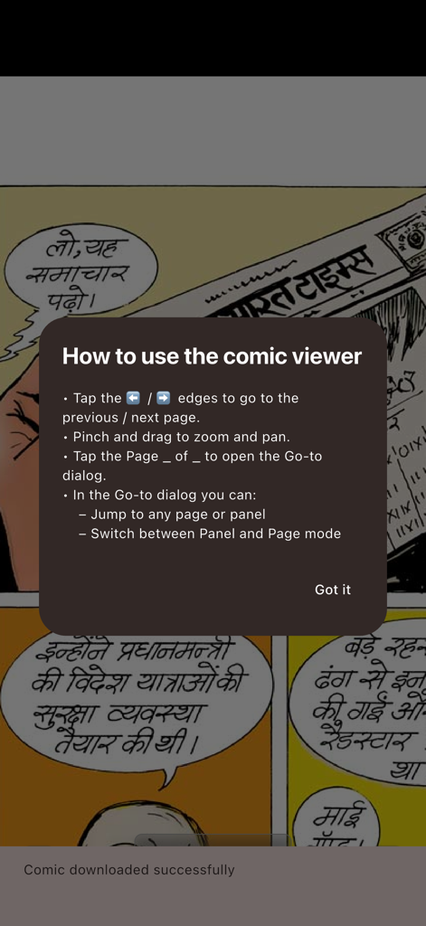 Raj Comics - A tutorial overlay in the Raj Comics app explaining how to use navigation and zoom controls in the digital reader.