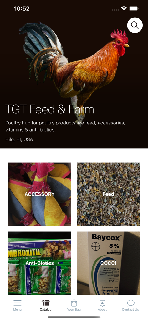 TGT Feed & Farm - Home screen of the TGT Feed and Farm app showing poultry supplies categories like feed and antibiotics