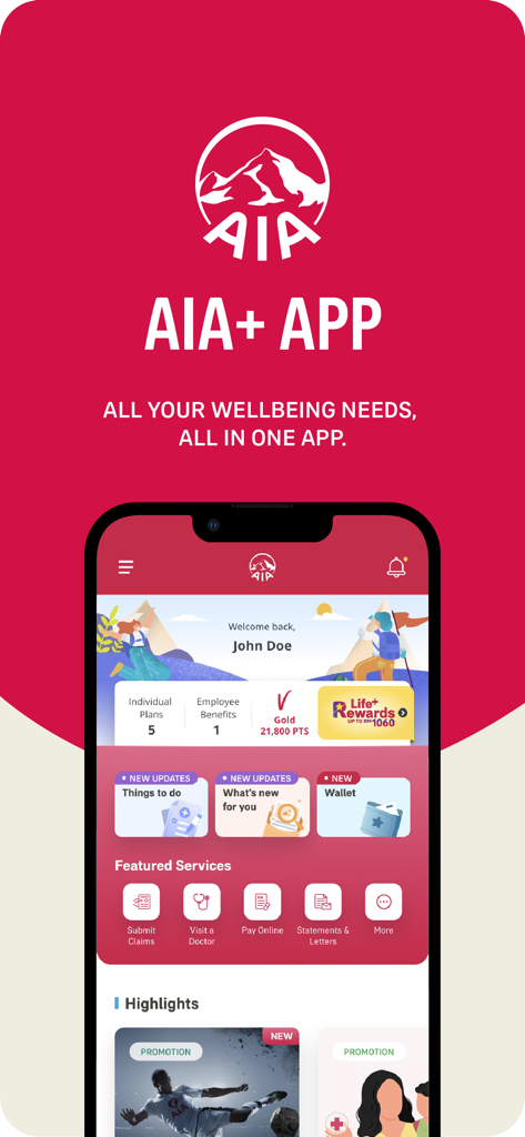 Mobile phone showing the AIA plus app dashboard with health rewards and insurance management features