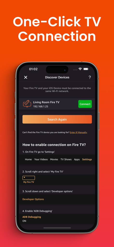 Remote for Firestick · Fire TV - Schermata che mostra la semplice configurazione di connessione con un clic tra un iPhone e un dispositivo Fire TV